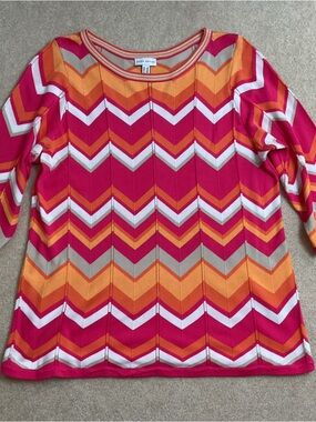 Susan Graver Chevron Knit Sweater Women 1X Pink Orange Long Sleeve Spring Summer